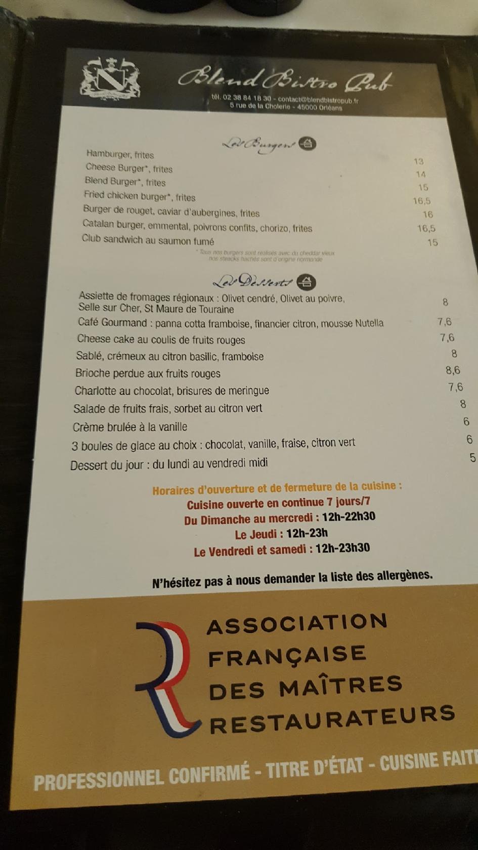 Menu au Blend Bistro Pub, Orléans