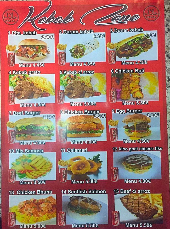 Menu at Kebab zone restaurant, Lisbon