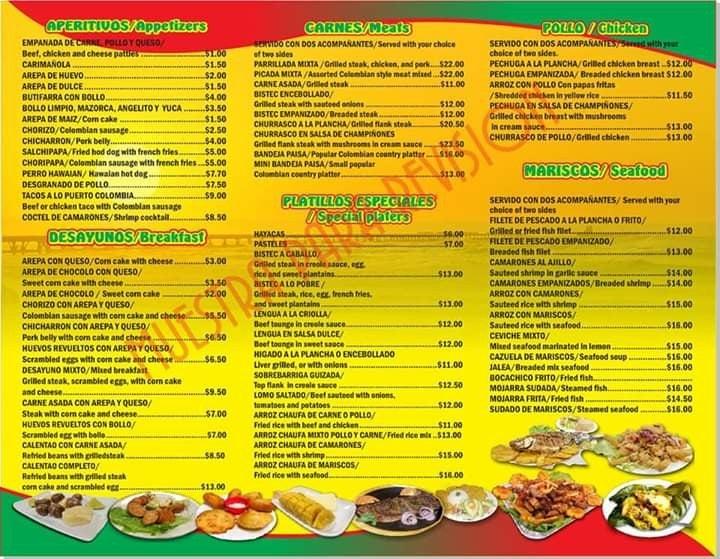 Menu at Puerto Colombia Grill restaurant, Passaic
