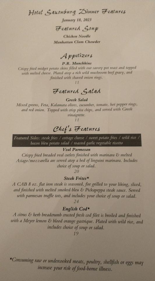 Menu at Hotel Saxonburg restaurant, Saxonburg