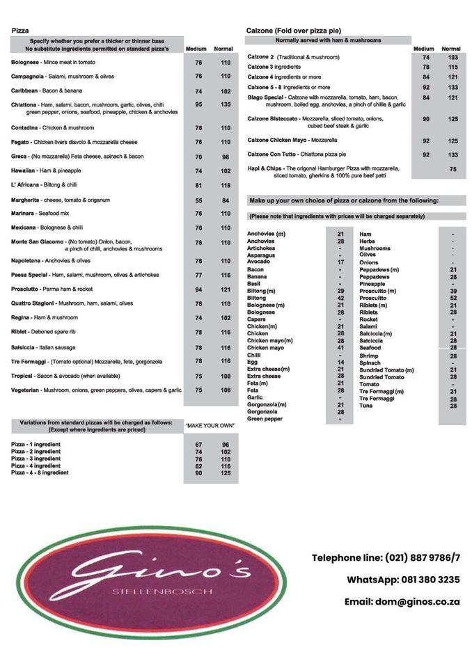 Menu at Gino's restaurant, Stellenbosch, De Kelder