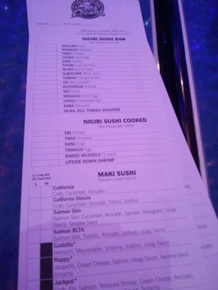 Menu at Oceano restaurant, Reno