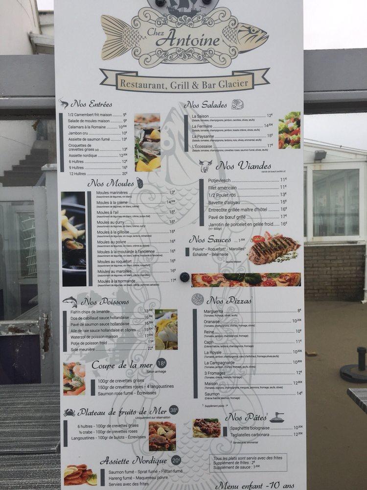 Menu au Chez Antoine restaurant, BrayDunes