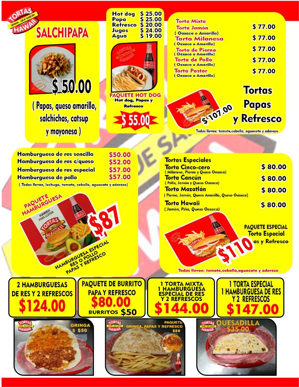 Menu at Tortas Hawaii restaurant, Saltillo