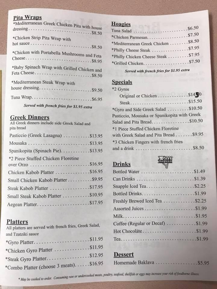 Menu at The Athenian Cafe, Altoona, 217 Union Ave