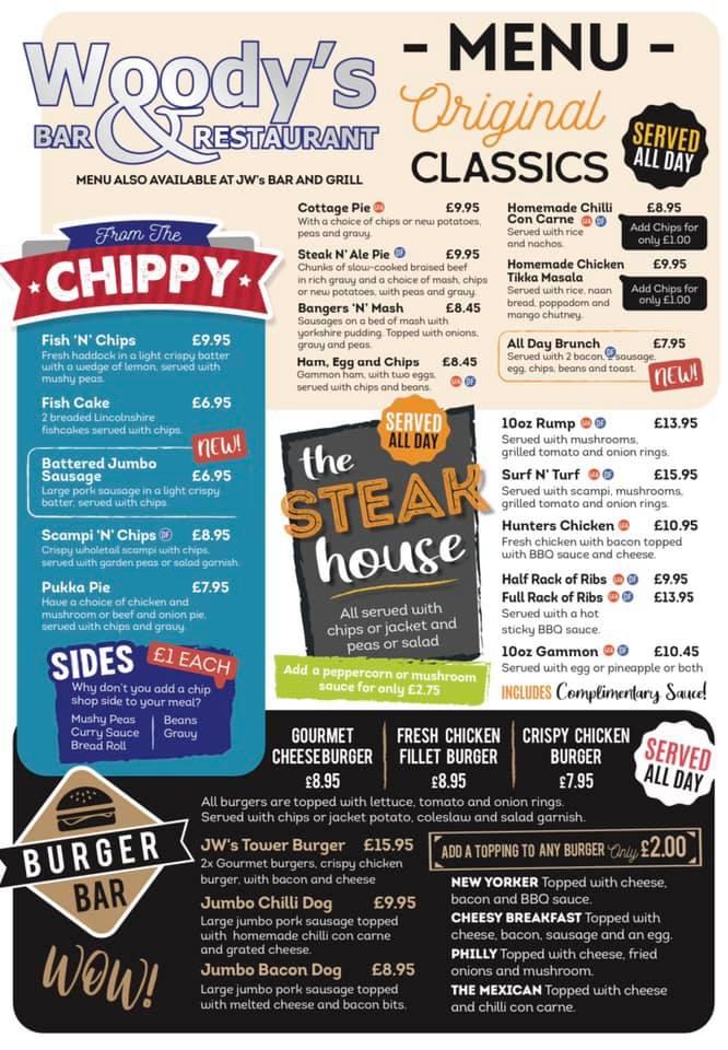 Menu at Woody's Bar & Restaurant Ingoldmells, Skegness