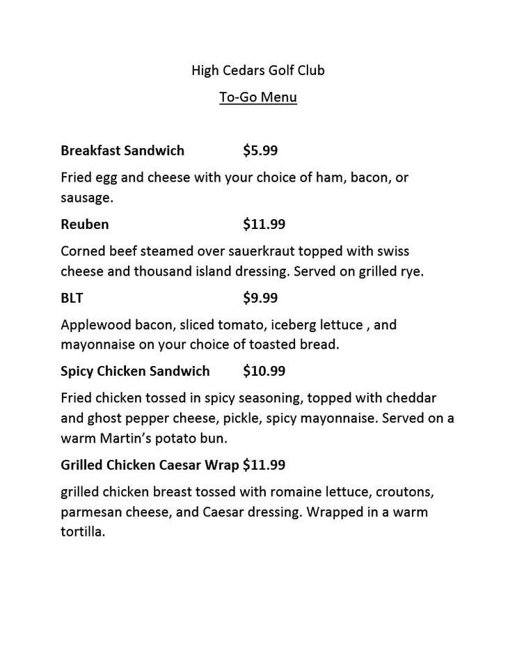 Menu at High Cedars Golf Club, Orting