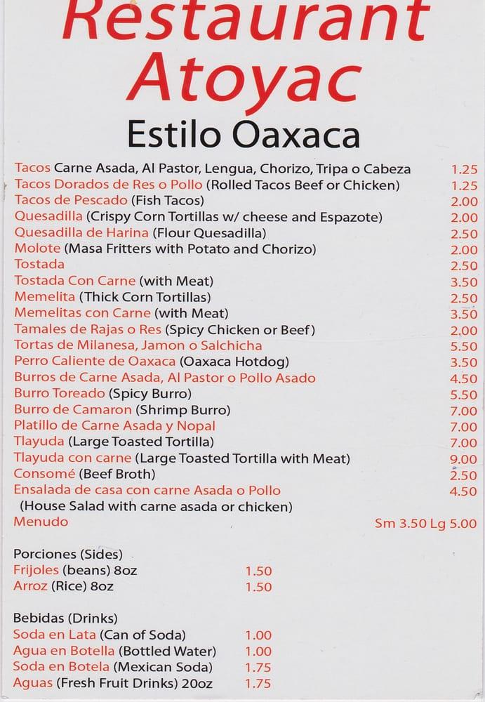 Menu at Restaurant Atoyac Estilo Oaxaca, Phoenix