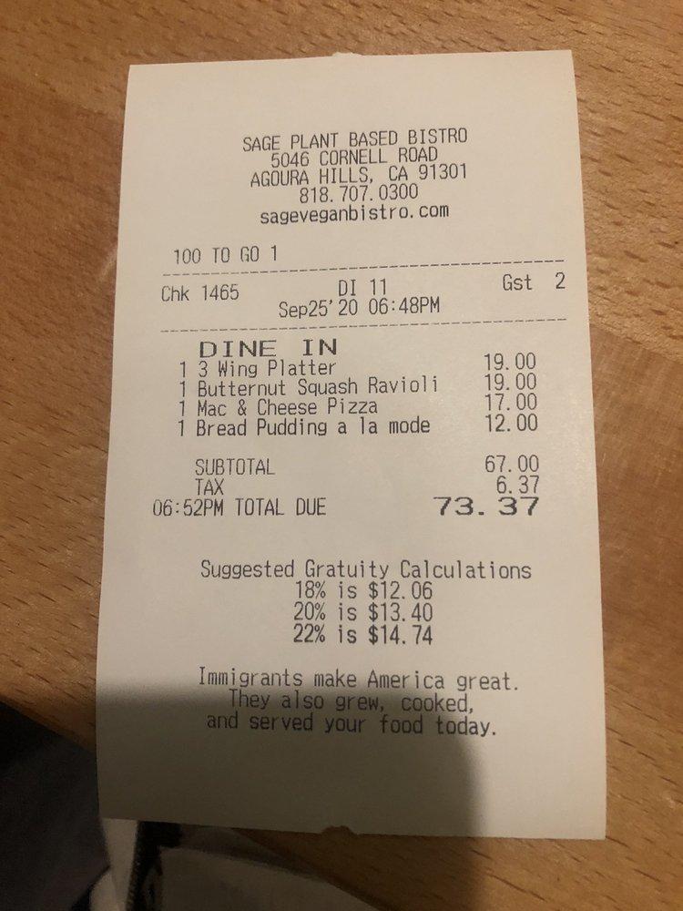 Carta del restaurante Sage Plant Based Bistro Agoura Hills, Agoura Hills