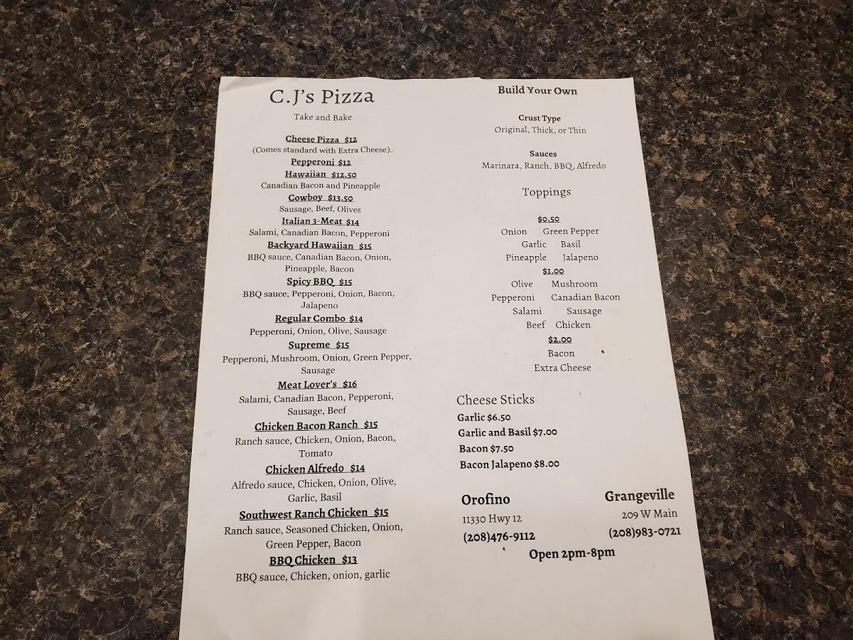 Menu at C.J's Pizza Grangeville pizzeria, Grangeville