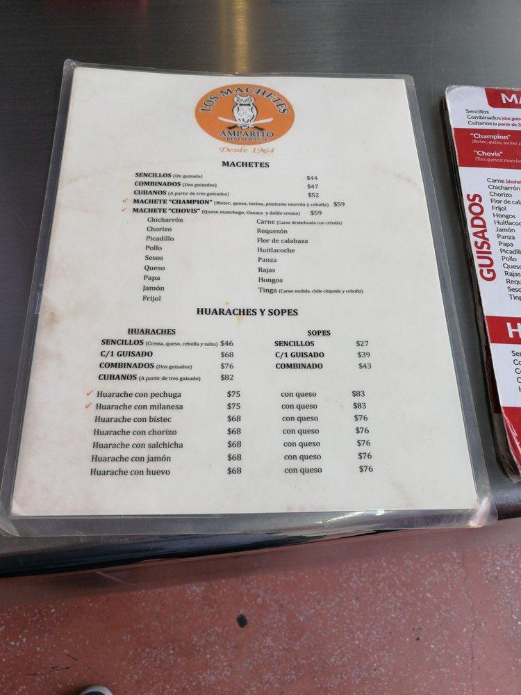 Menu at Los Machetes de Amparito restaurant, Mexico City, C. Héroes 192