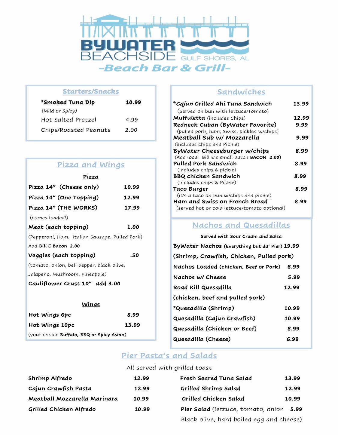 Menu at Bywater Beachside pizzeria, Gulf Shores, E Beach Blvd