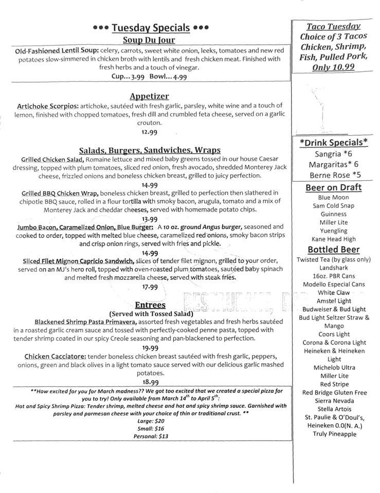 Menu at MJs Restaurant, Bar & Grill, Tinton Falls