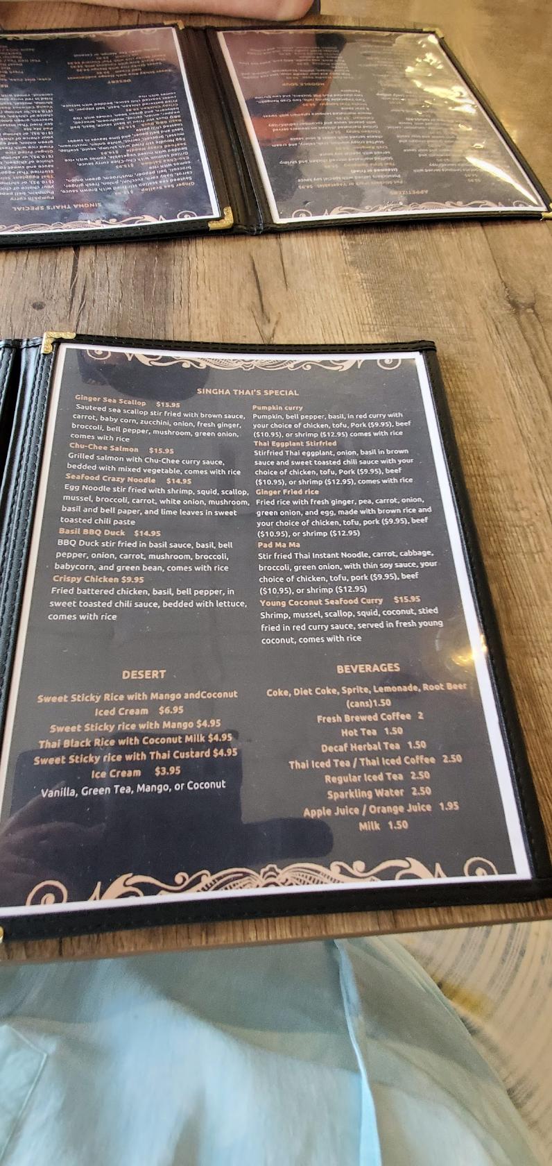 Menu at Singha Thai restaurant, Kettering