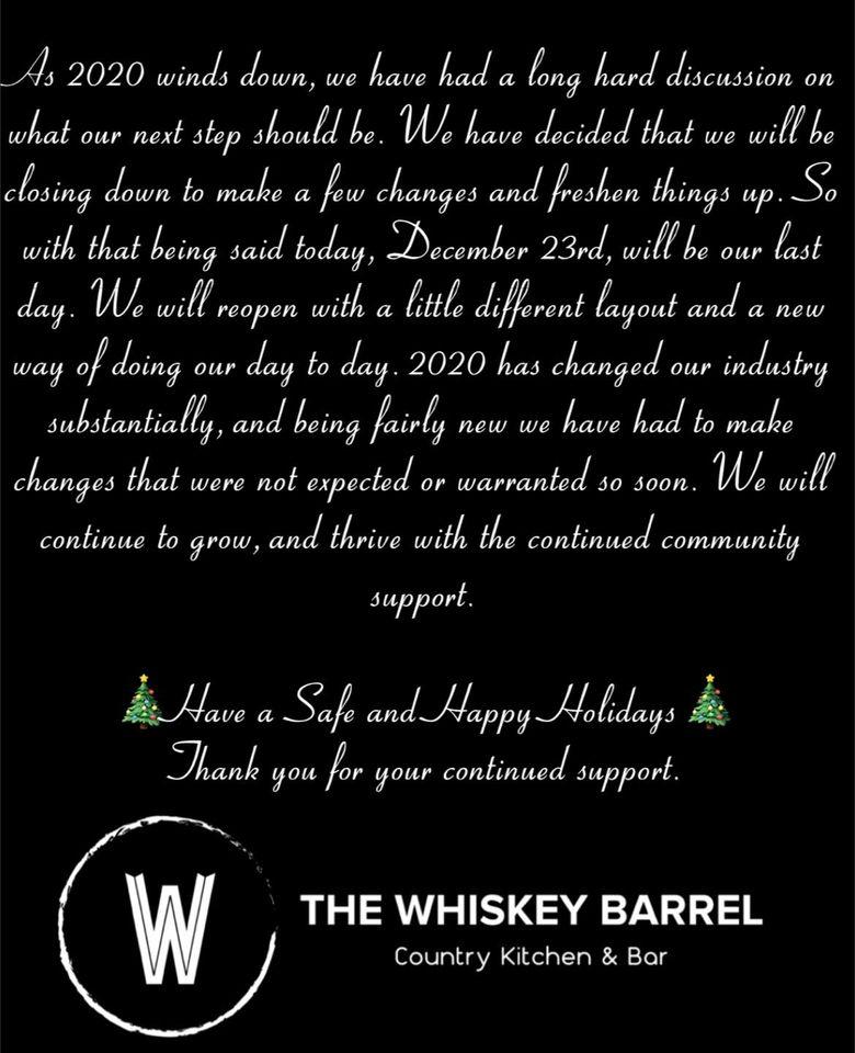 Menu at The Whiskey Barrel, Galesburg