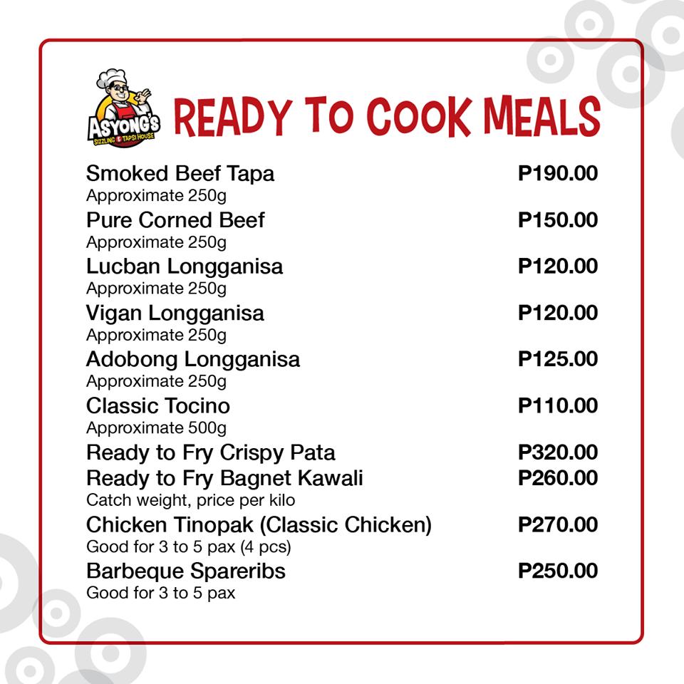 Menu at Asyong's Sizzling and Tapsi House restaurant, Marilao, M ...