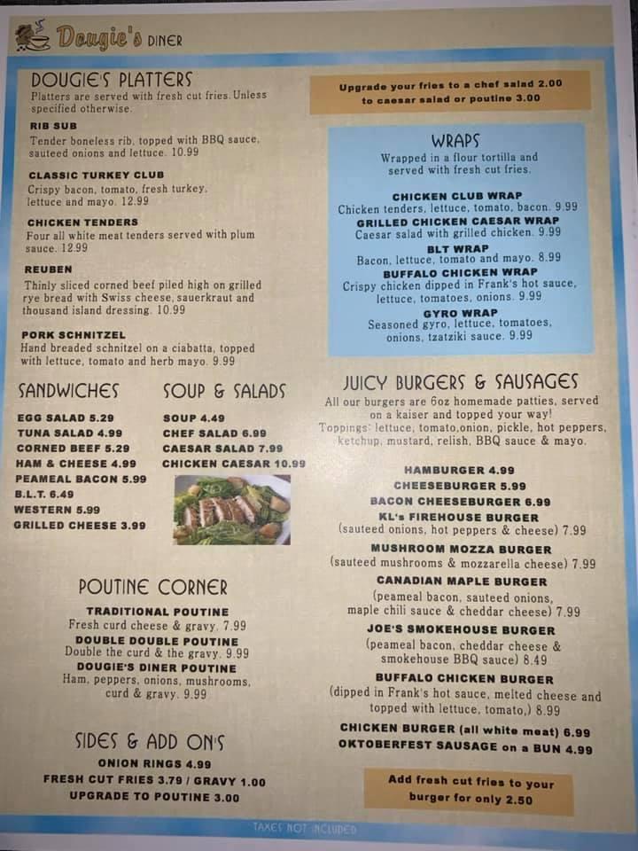 Menu at Dougie's Diner restaurant, Quinte West, 12 Carrying Place Rd