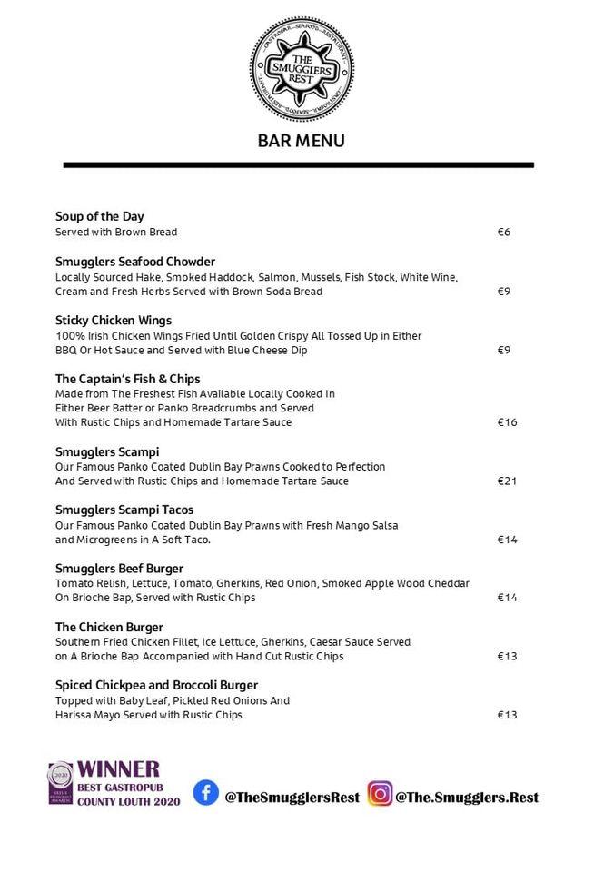 Menu at The Smugglers Rest pub & bar, Clogherhead