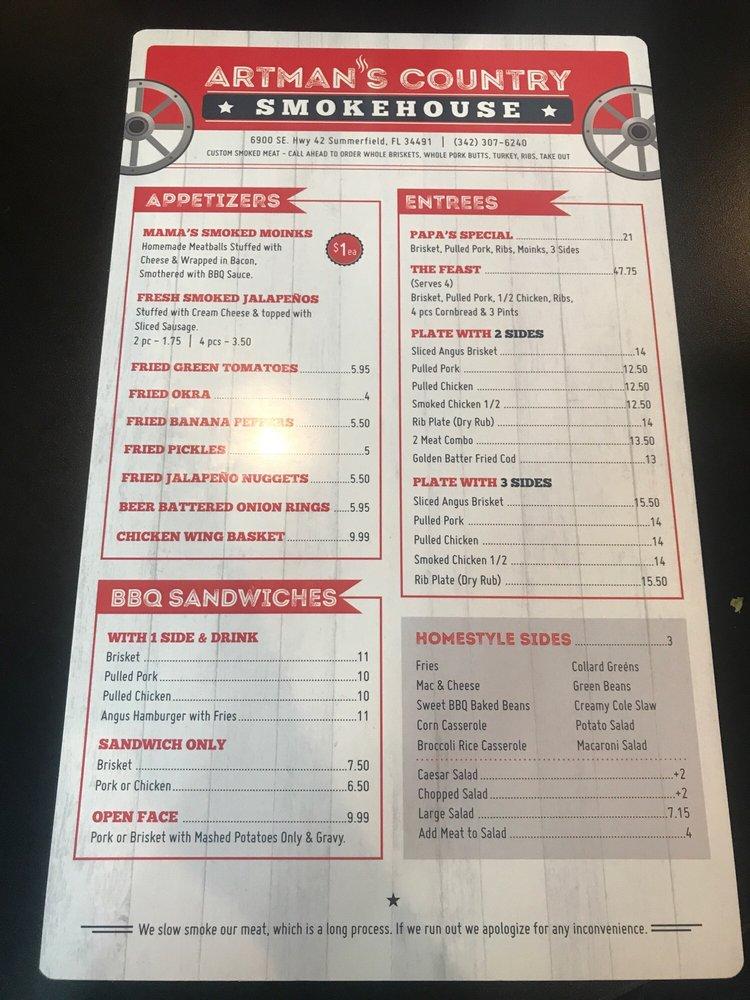 Menu at Artman Country Smokehouse BBQ, Summerfield