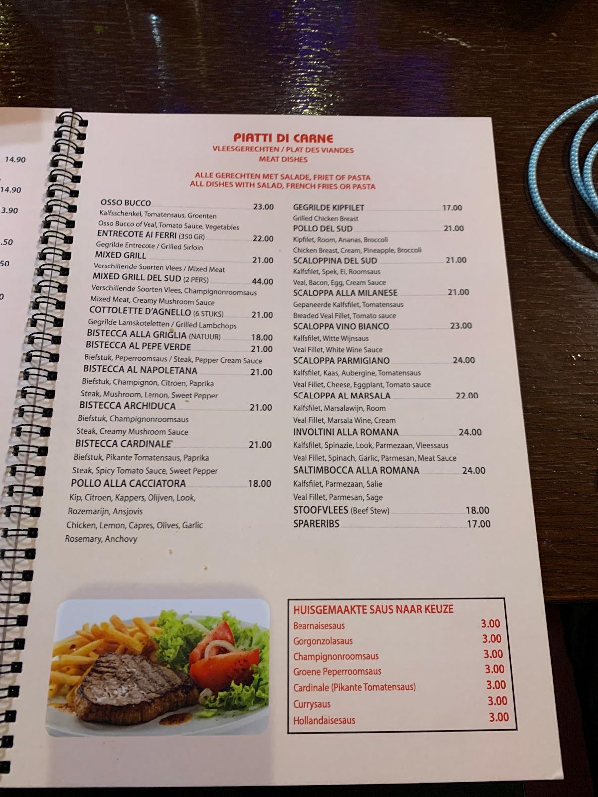 Menu at Del Sud Classico, Antwerp, Oude Koornmarkt 5