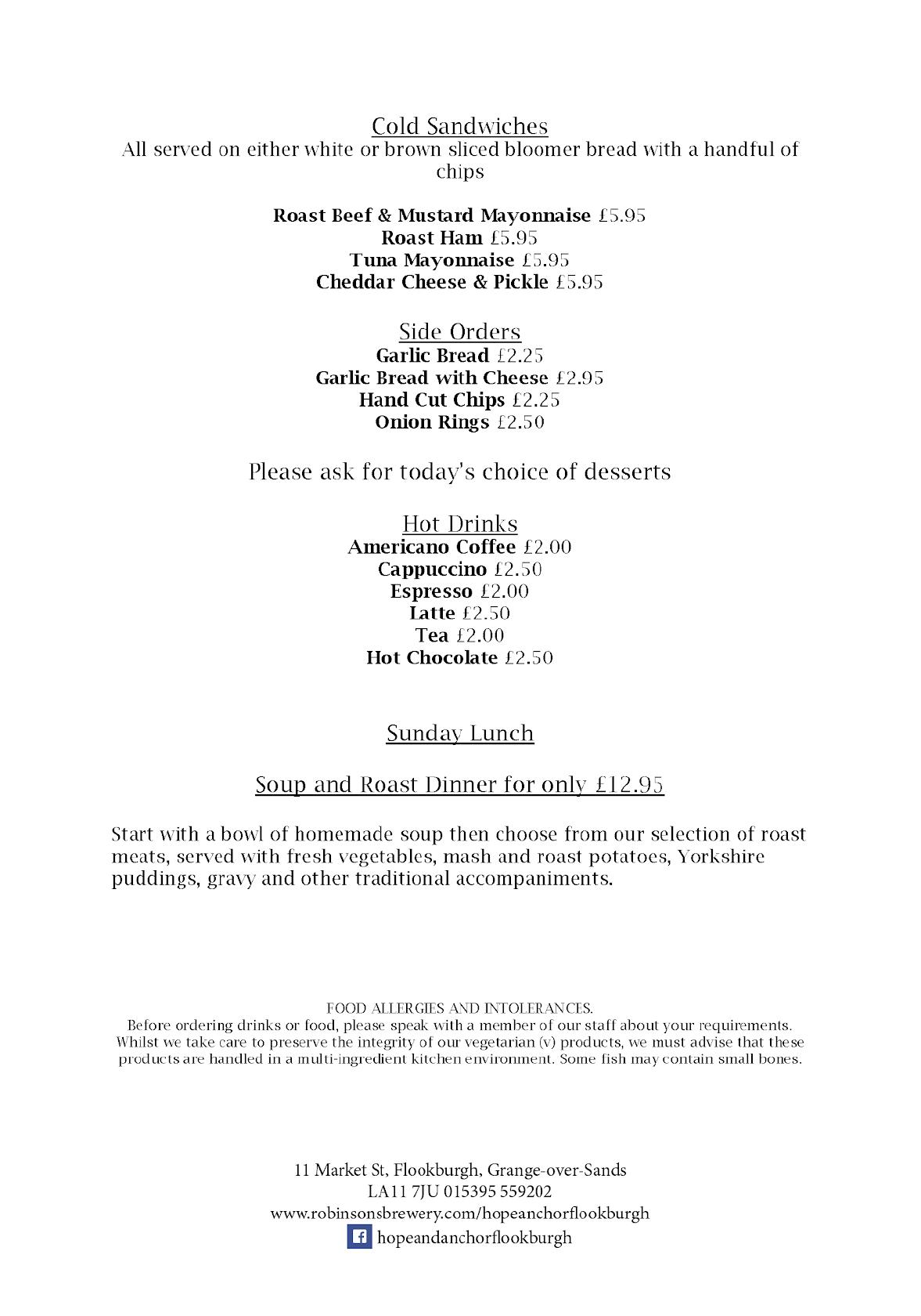 Menu at Hope & Anchor pub & bar, GrangeoverSands