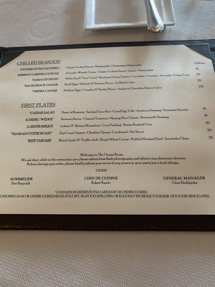 Menu at Jasmine Porch at The Sanctuary steakhouse, Kiawah Island