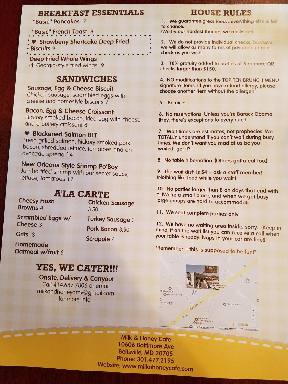 Carta del café Milk & Honey College Park, College Park, Baltimore Ave
