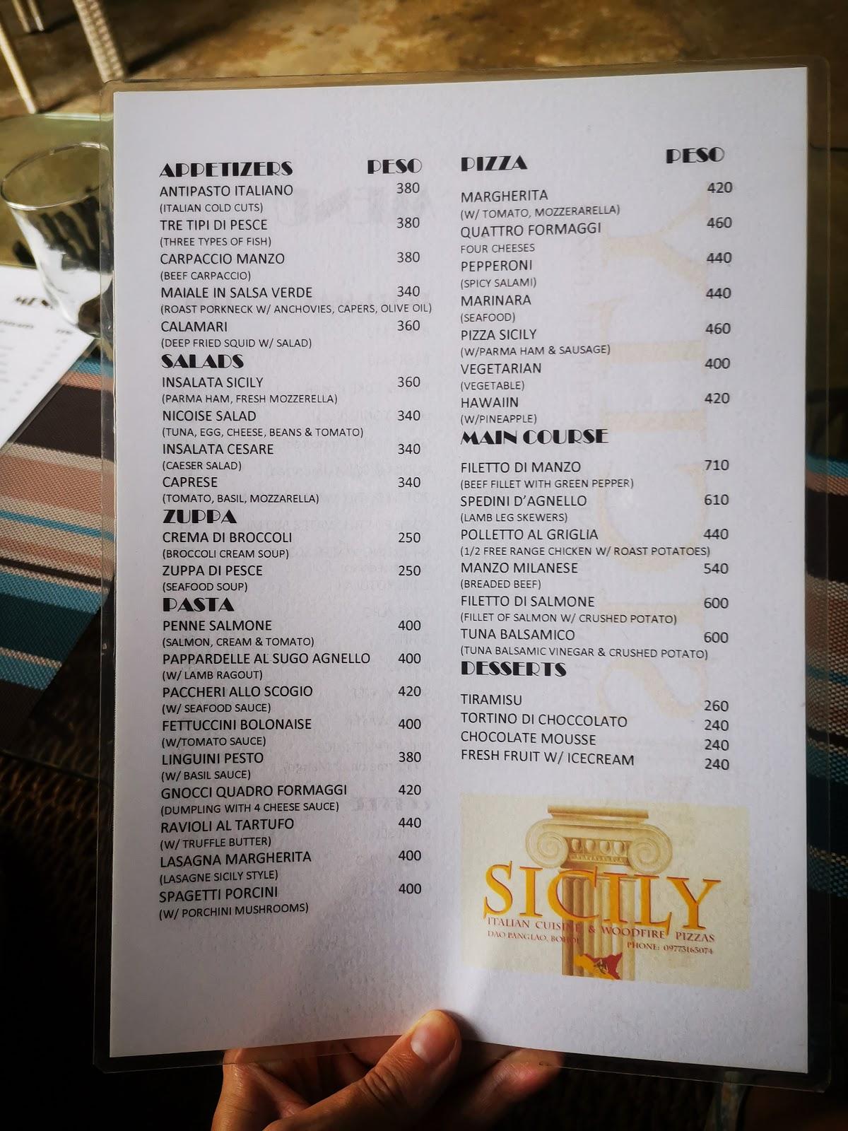 Menu at Sicily, Italian Cuisine & Wood Fire Pizza restaurant, Dauis