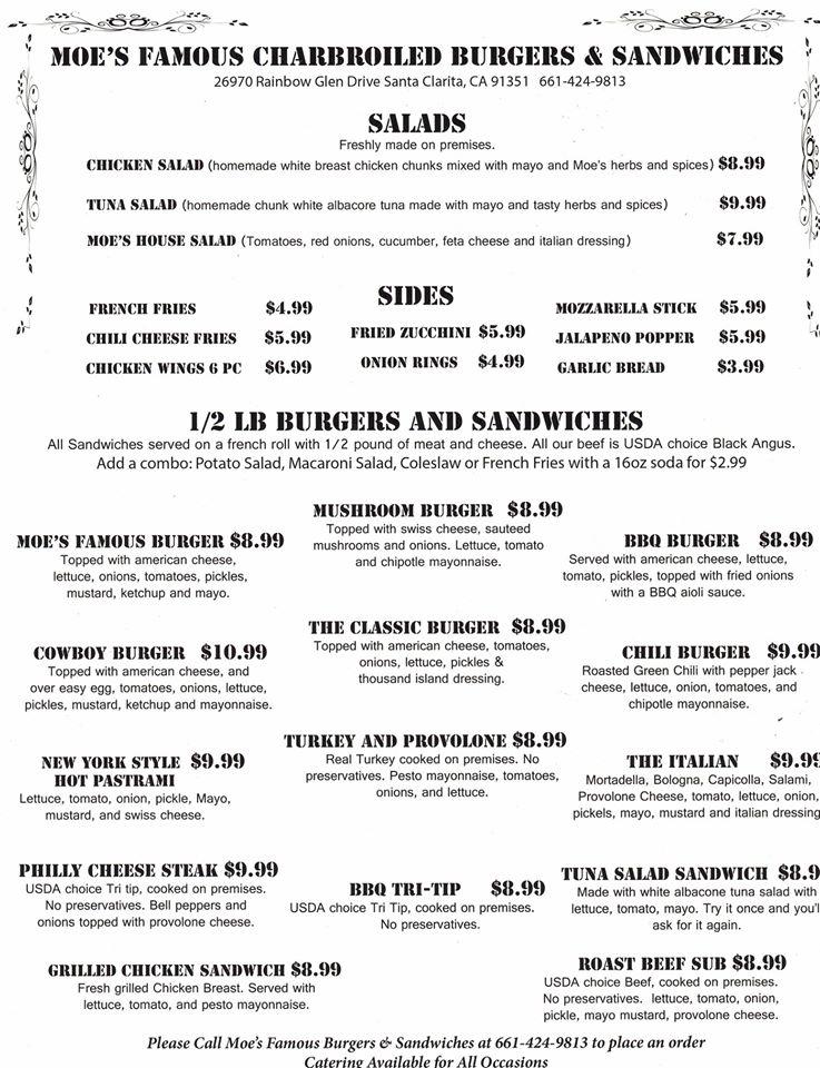 Menu at Moe’s Famous Burgers &amp; Sanwiches restaurant, Santa Clarita