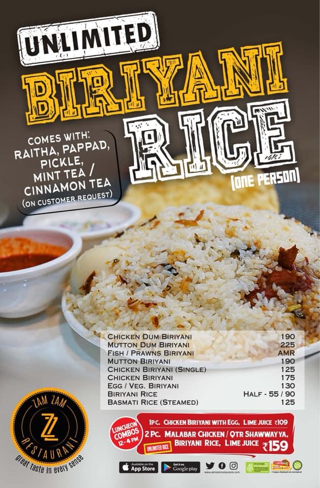 Menu at Zam Zam, Thiruvananthapuram, YMR Nandancode Road