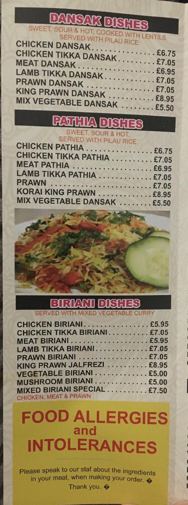 Menu at Lowford Indian Takeaway restaurant, Southampton
