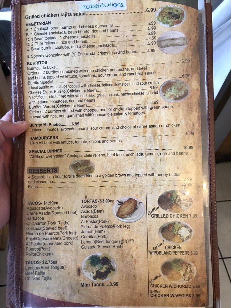 Menu at Mi Pueblo restaurant, Bandera