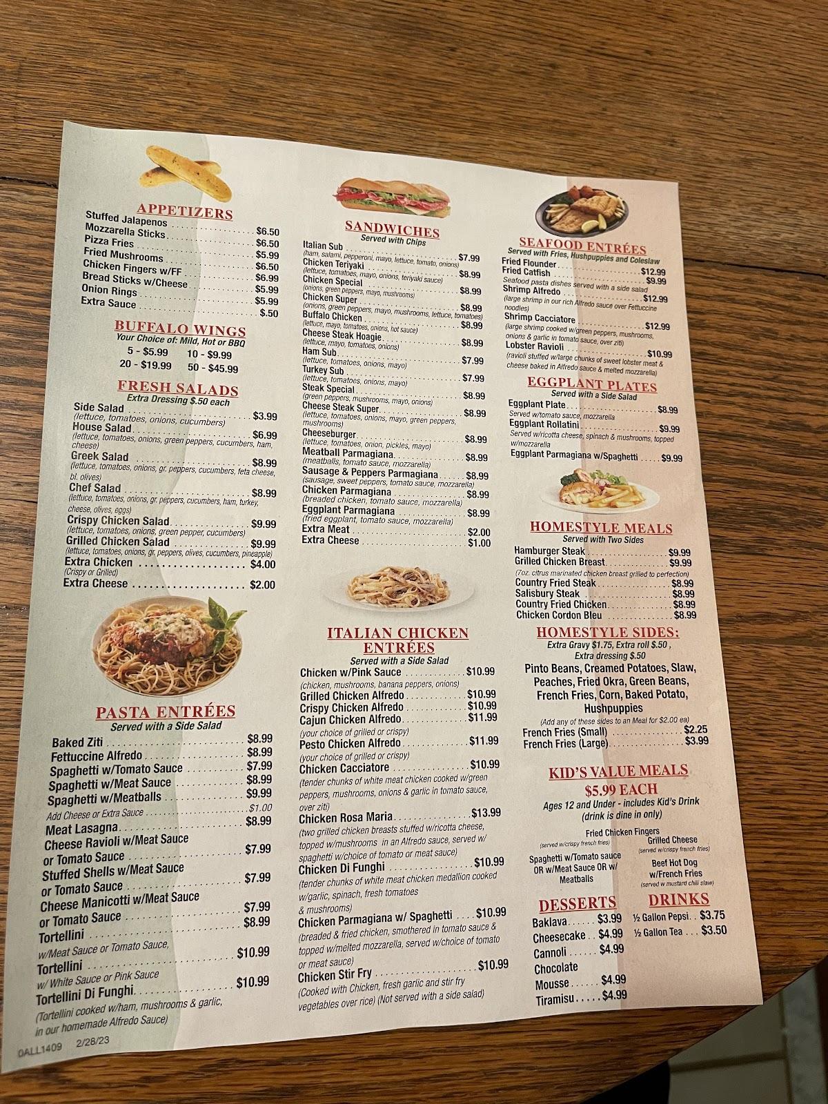 Menu at Mona Lisa II Italian and American Family restaurant, Seagrove