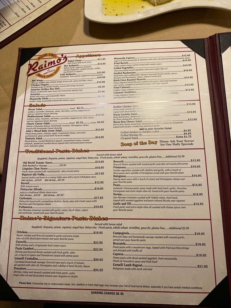 Menu at Raimo's Brick Oven Pizzeria & Trattoria of Amityville, Amityville