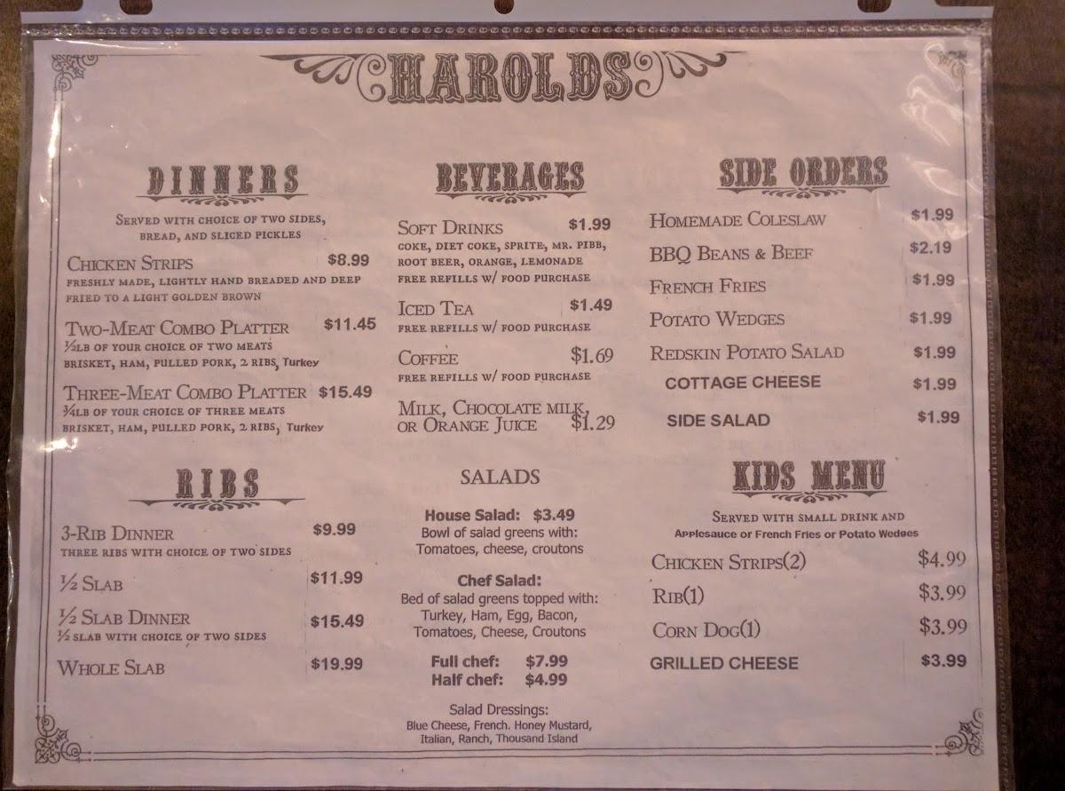 Menu at Harold's Smokehouse restaurant, Freeman, State Hwy C