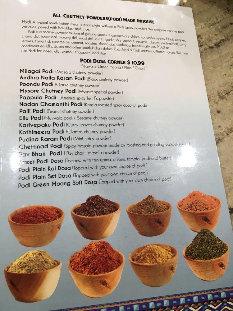 Menu at Podi dosa restaurant, Artesia