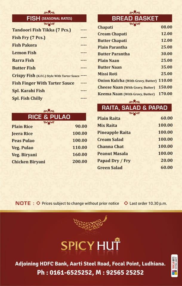 Menu at Spicy hut, Ludhiana, Adjoining HDFC bank Aarti steel road focal