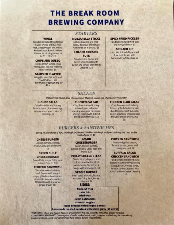 Menu at The Break Room Brewing Company pub & bar, Pagosa Springs