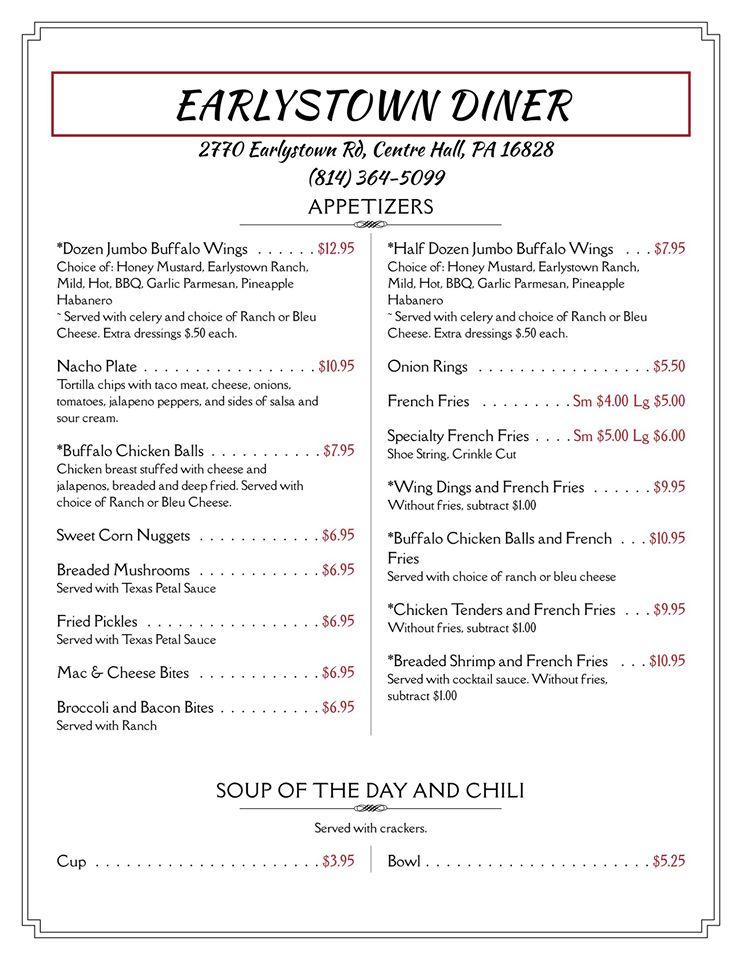 Menu at Earlystown Diner restaurant, Centre Hall