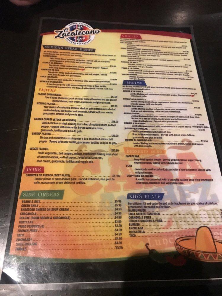 Menu at El Zacatecano Mexican Restaurant, Copper Mountain