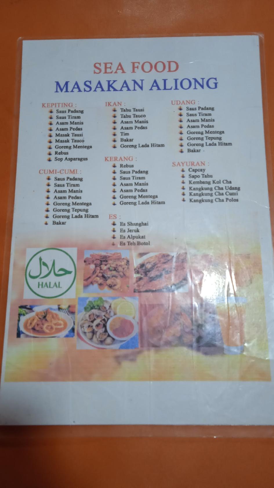 Menu at Aliong Seafood restaurant, Bandar Lampung