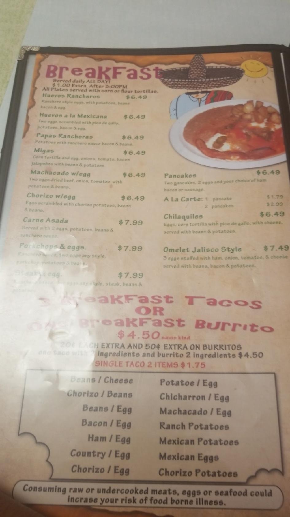 Menu at El Bracero Mexican Restaurant, Kingsland