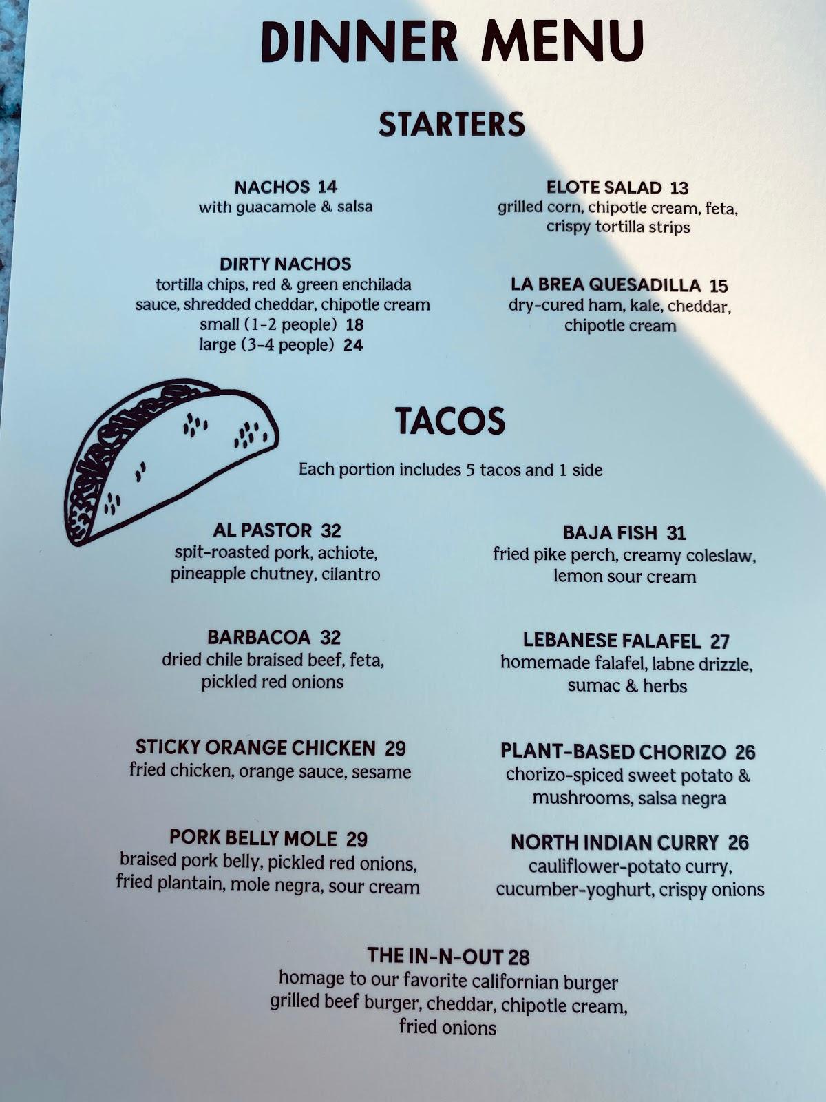 Menu da LA Brea SoCal Tacos, Zurigo
