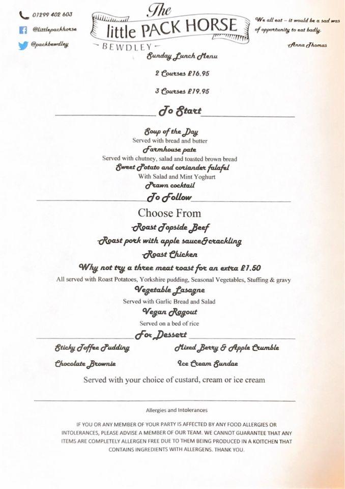 Menu at The Little Pack Horse Steak & Pie House pub & bar, Bewdley