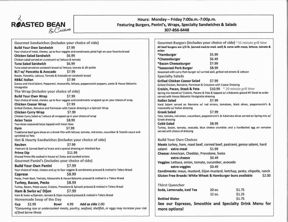 Menu at Roasted Bean & Cuisine steakhouse, Riverton