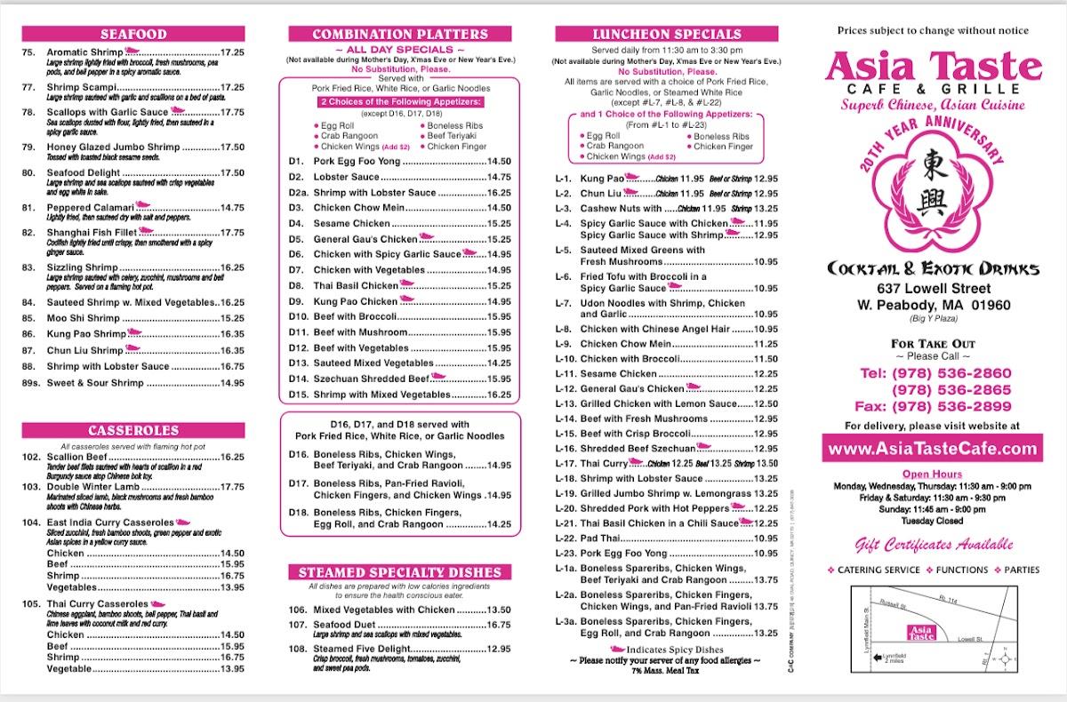 Menu at Asia Taste Cafe & Grille, Peabody