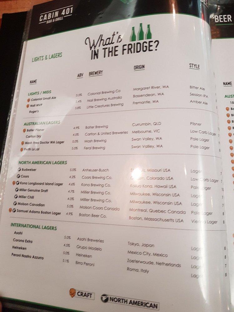 Menu at Cabin 401 Bar & Grill, Bibra Lake
