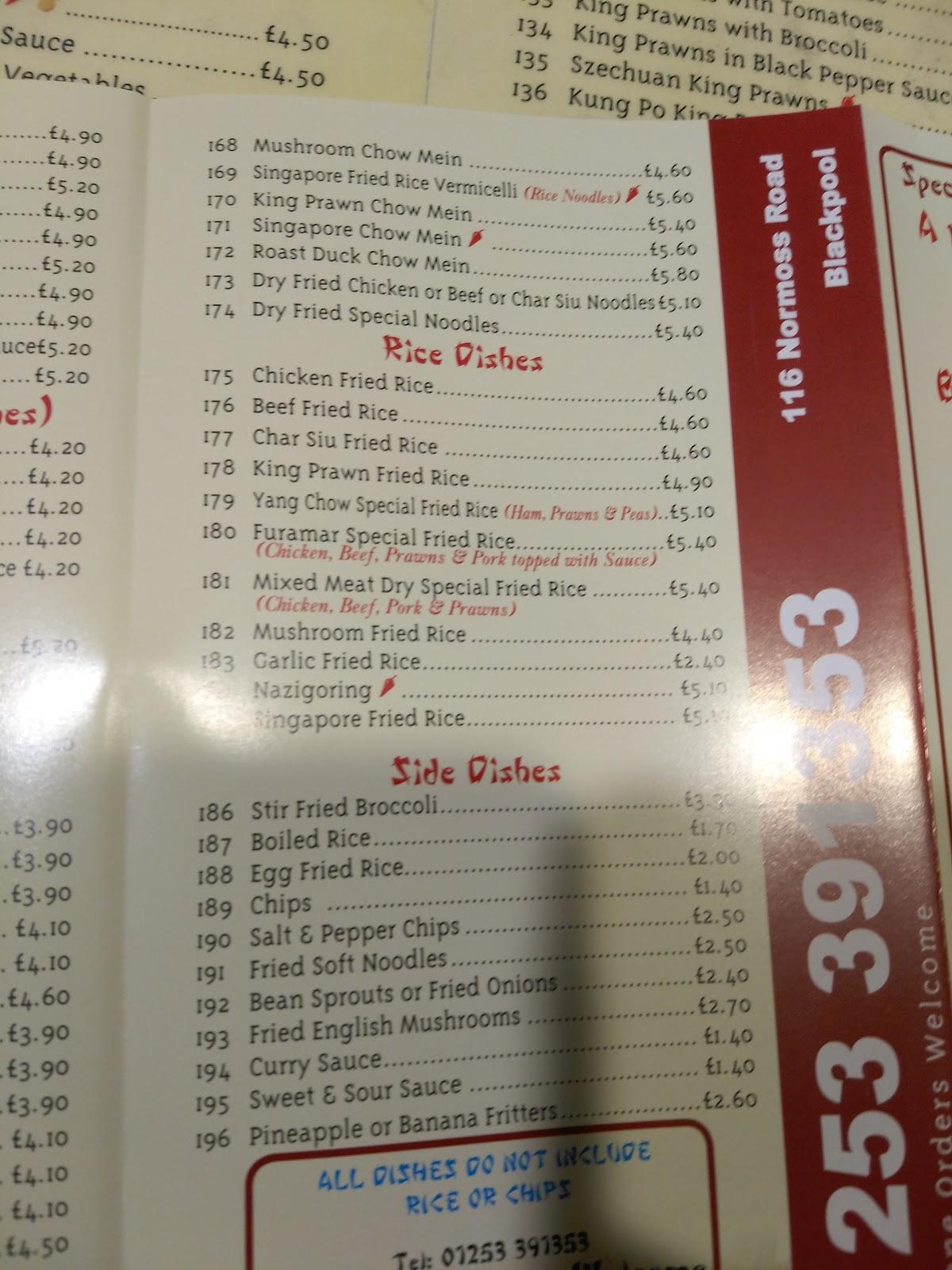 Menu at The Furamar fast food, Blackpool