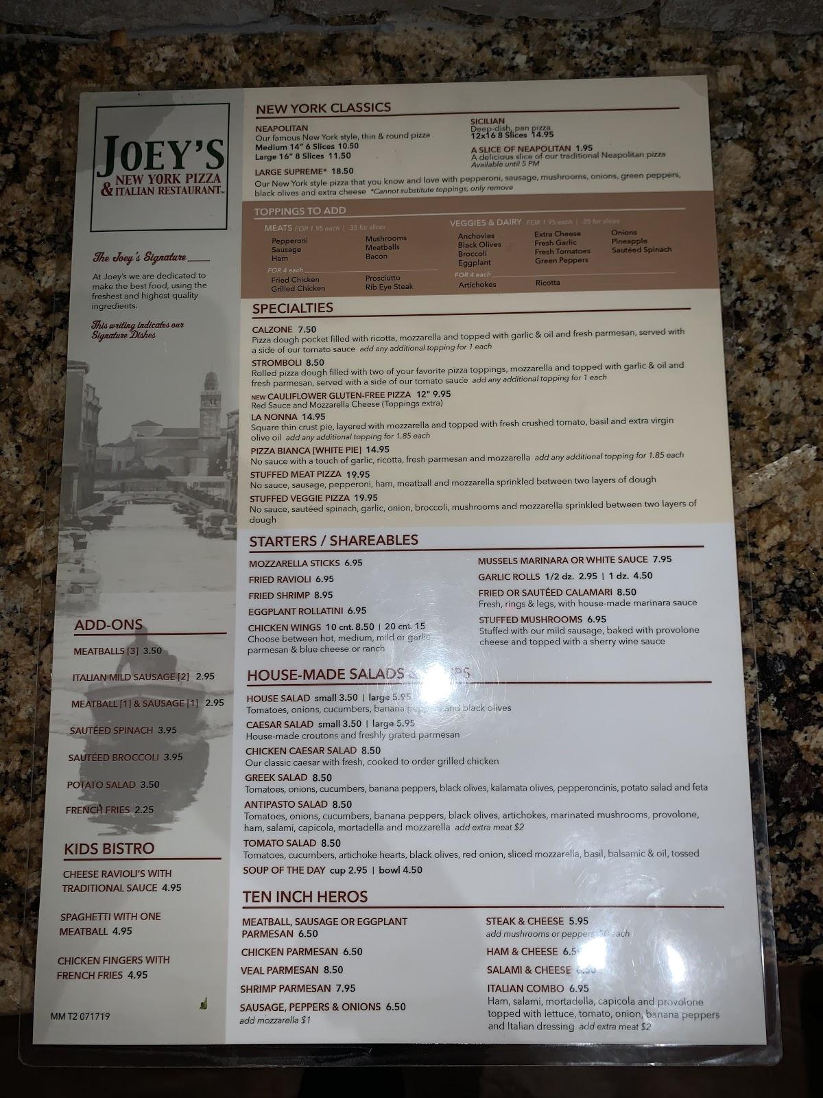 Menu at Joey's New York Pizza & Italian Restaurant, Trinity
