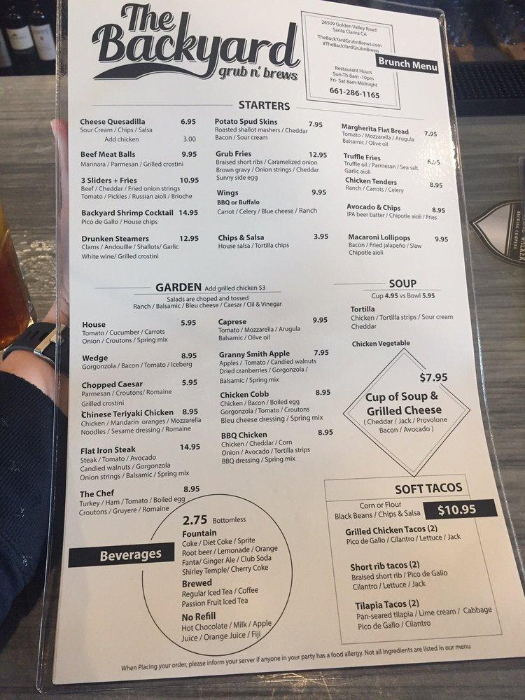 Menu at The Backyard Grub n' Brews pub & bar, Santa Clarita